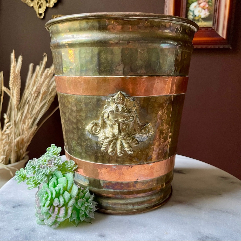 Hammered Brass and Copper Container with Poseidon-like Handles